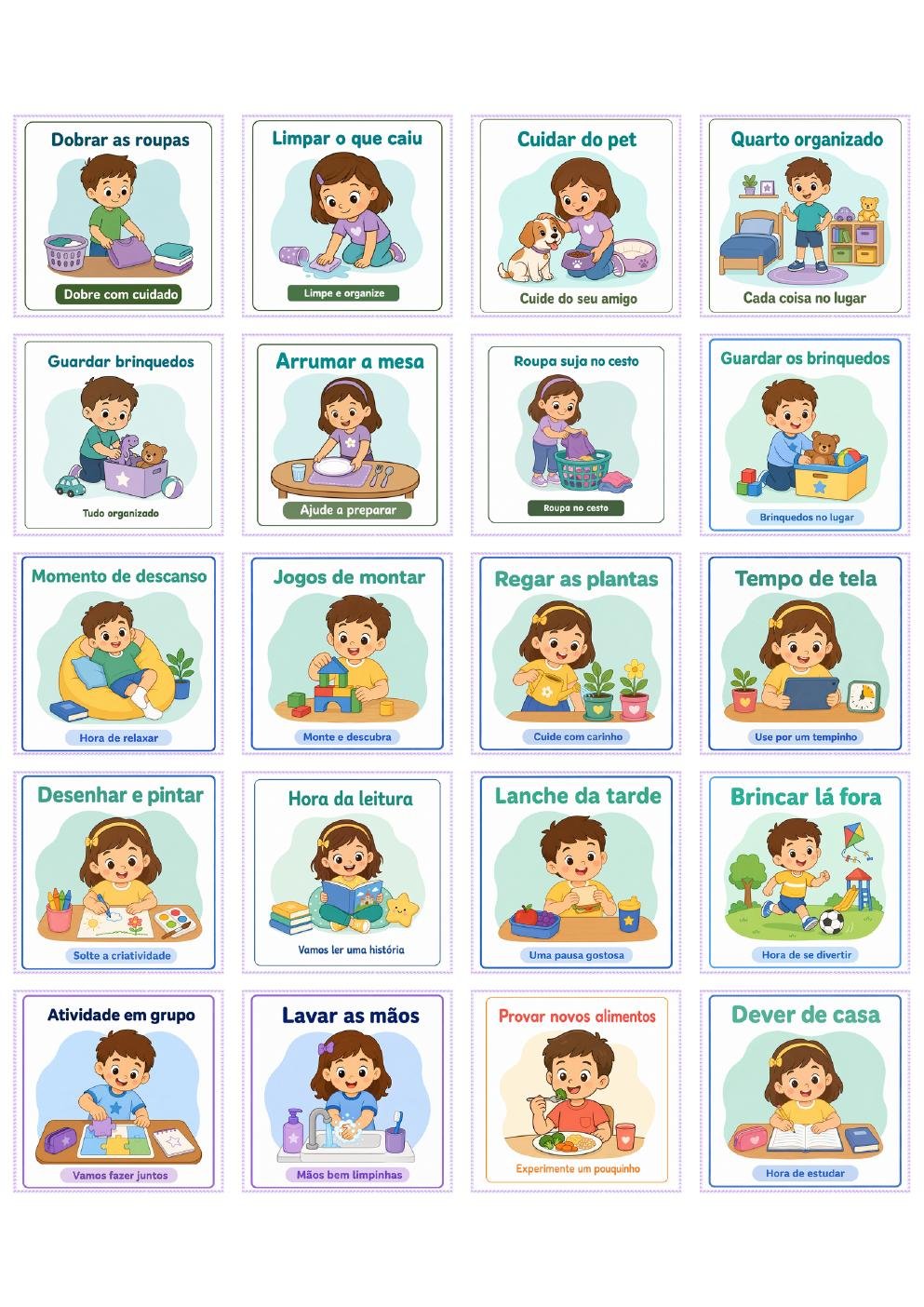 Página de amostra com vinte cards ilustrados do Kit Rotina Infantil