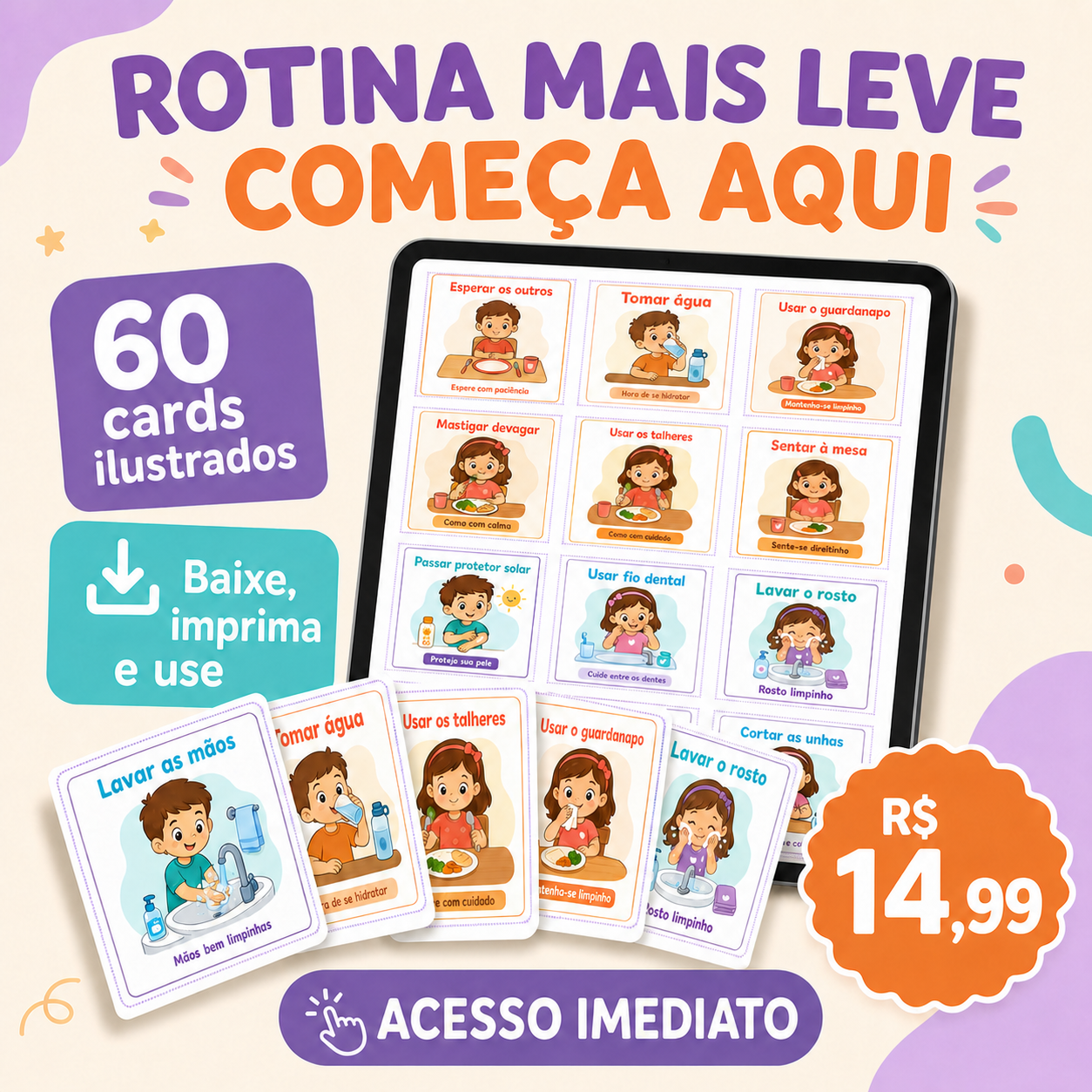 Apresentação do Kit Rotina Infantil com cards ilustrados para imprimir